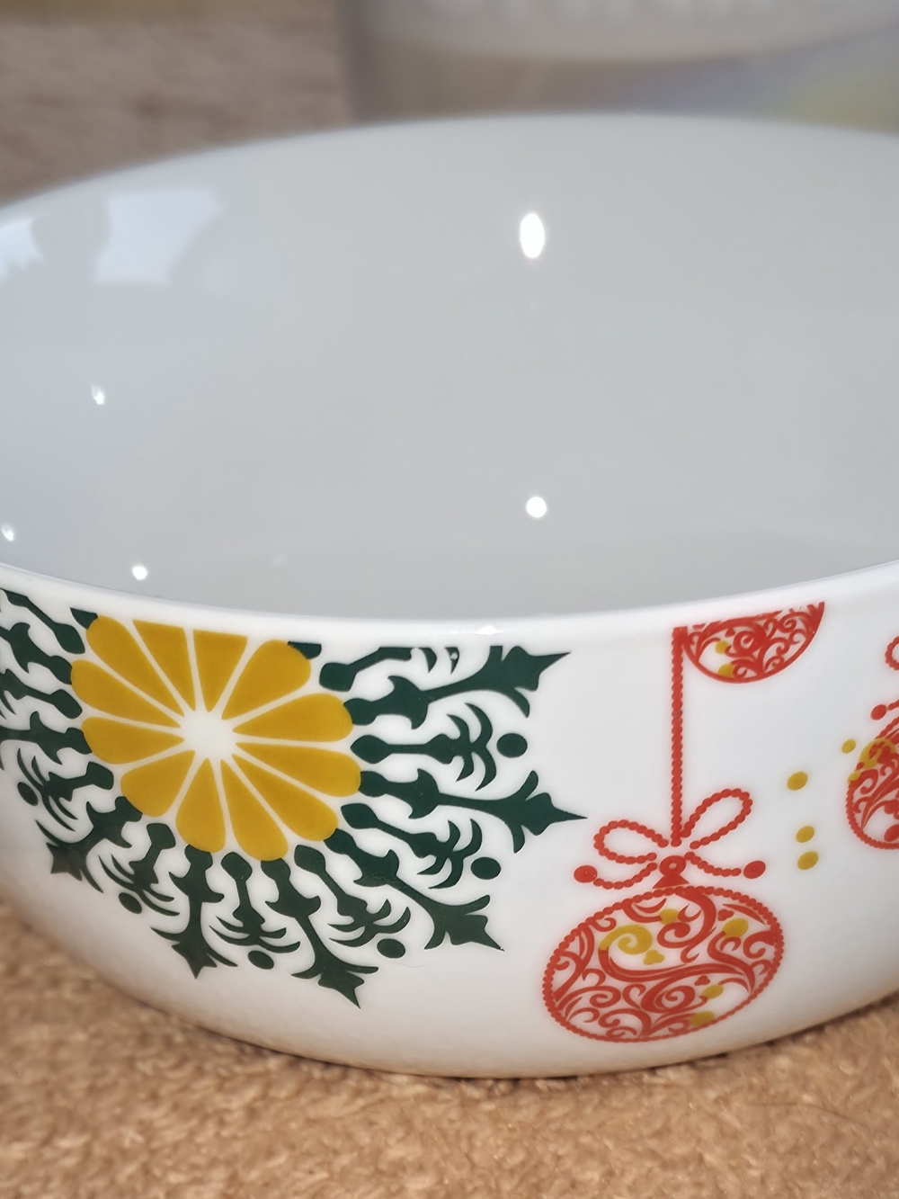 White Christmas Holiday Ceramic Serving Bowl with Green and Yellow Floral Accent